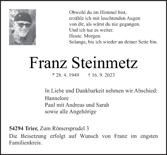 Todesanzeige von Franz Steinmetz von trierischer_volksfreund