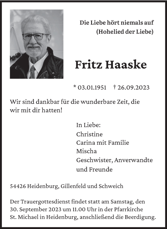 Todesanzeige von Fritz Haaske von trierischer_volksfreund