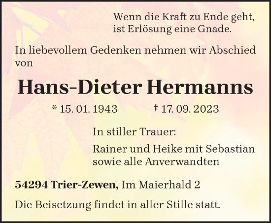 Todesanzeige von Hans-Dieter Hermanns von trierischer_volksfreund