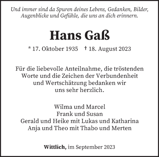 Todesanzeige von Hans Gaß von trierischer_volksfreund