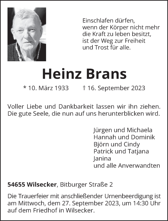 Todesanzeige von Heinz Brans von trierischer_volksfreund