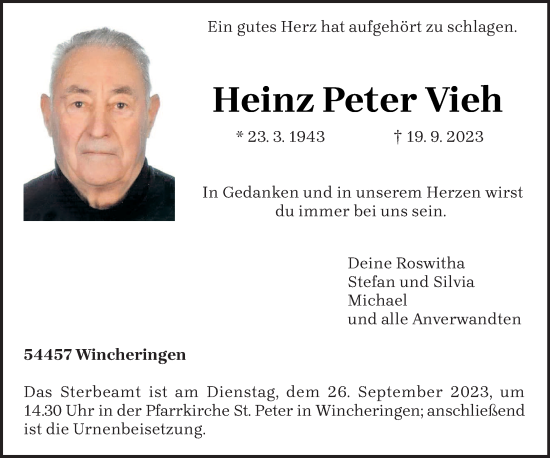 Todesanzeige von Heinz Peter Vieh von trierischer_volksfreund