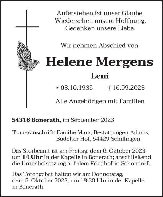 Todesanzeige von Helene Mergens von trierischer_volksfreund