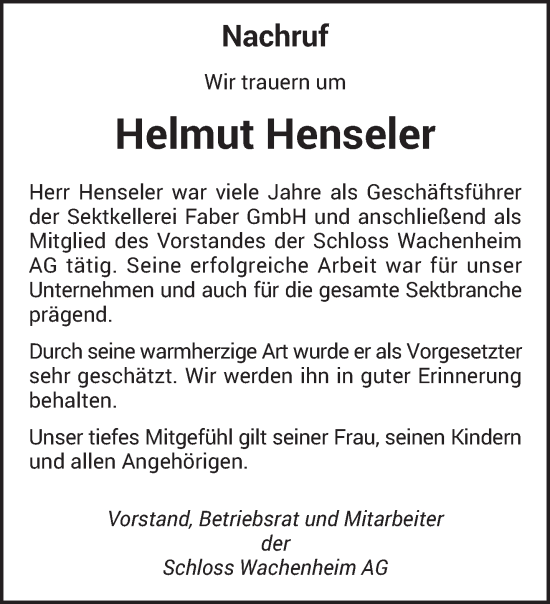 Todesanzeige von Helmut Henseler von trierischer_volksfreund