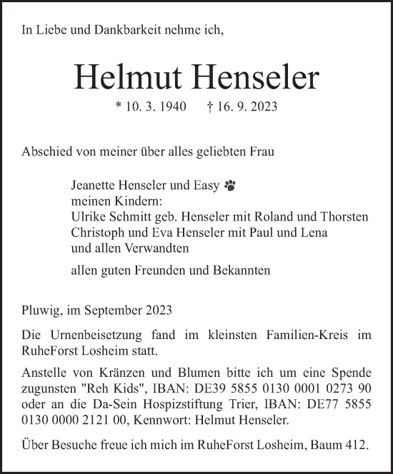 Todesanzeige von Helmut Henseler von trierischer_volksfreund