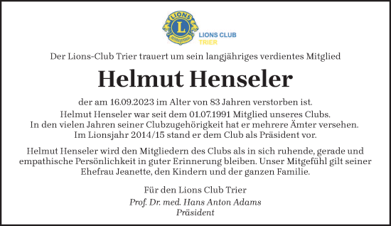 Todesanzeige von Helmut Henseler von trierischer_volksfreund