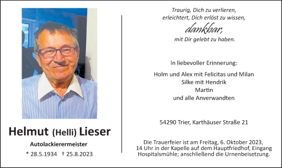 Todesanzeige von Helmut Lieser von trierischer_volksfreund