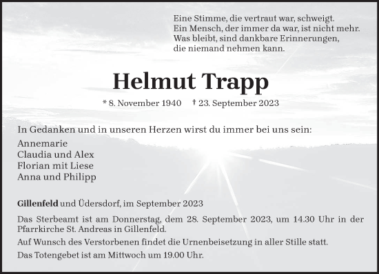 Todesanzeige von Helmut Trapp von trierischer_volksfreund