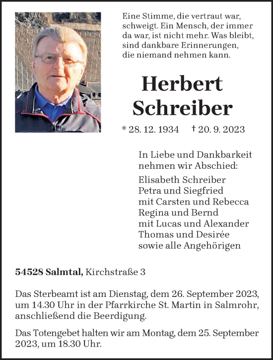 Todesanzeige von Herbert Schreiber von trierischer_volksfreund