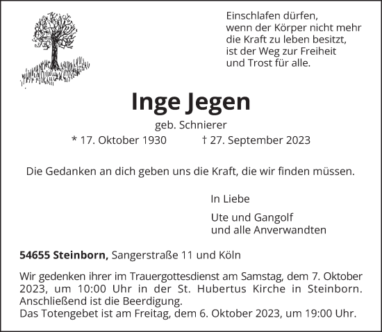 Todesanzeige von Inge Jegen von trierischer_volksfreund