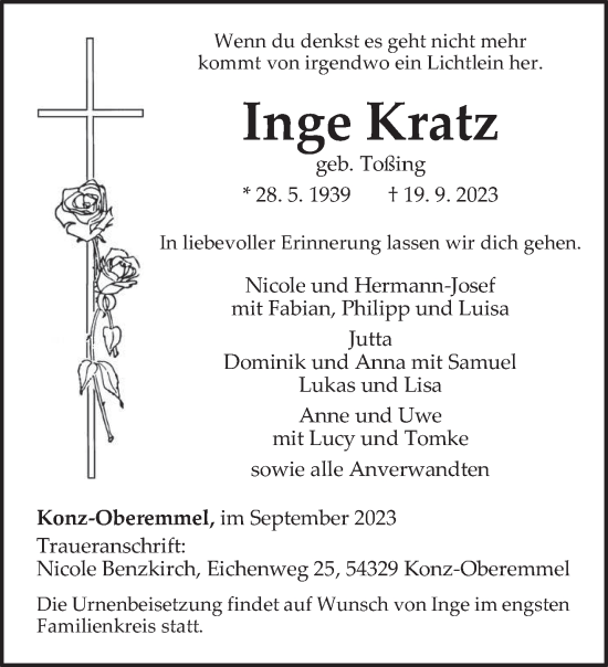 Todesanzeige von Inge Kratz von trierischer_volksfreund