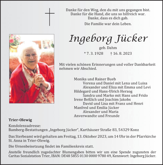 Todesanzeige von Ingeborg Jücker von trierischer_volksfreund
