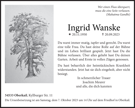 Todesanzeige von Ingrid Wanske von trierischer_volksfreund