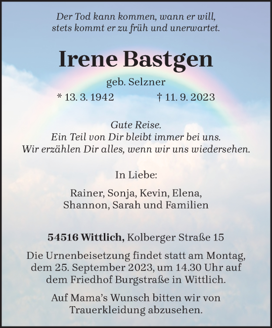 Todesanzeige von Irene Bastgen von trierischer_volksfreund