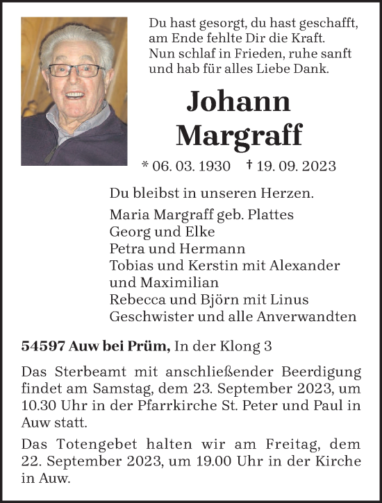 Todesanzeige von Johann Margraff von trierischer_volksfreund