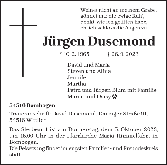 Todesanzeige von Jürgen Dusemond von trierischer_volksfreund