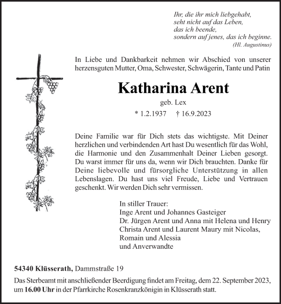 Todesanzeige von Katharina Arent von trierischer_volksfreund