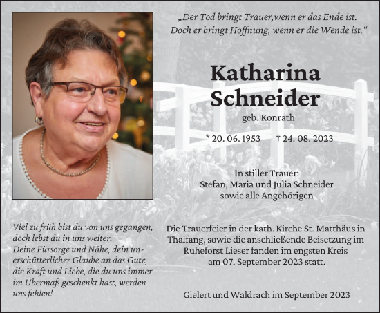 Todesanzeige von Katharina Schneider von trierischer_volksfreund