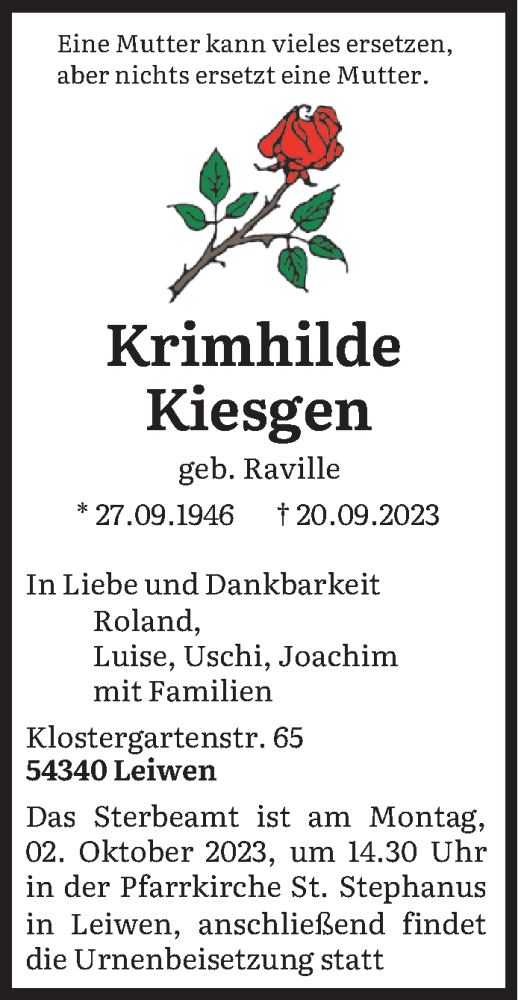 Todesanzeige von Krimhilde Kiesgen von trierischer_volksfreund