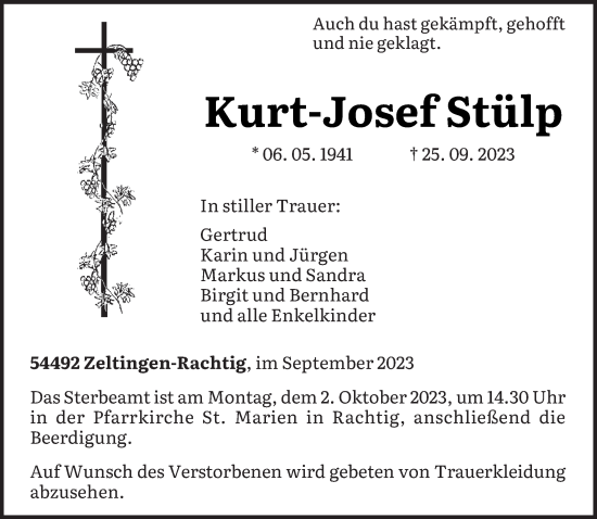 Todesanzeige von Kurt-Josef Stülp von trierischer_volksfreund