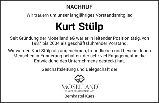 Todesanzeige von Kurt Stülp von trierischer_volksfreund