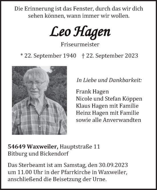 Todesanzeige von Leo Hagen von trierischer_volksfreund