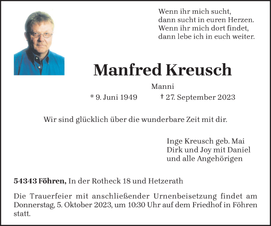 Todesanzeige von Manfred Kreusch von trierischer_volksfreund