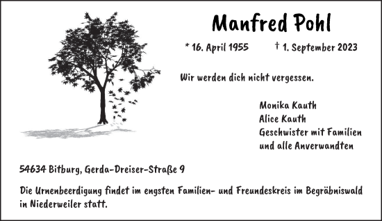 Todesanzeige von Manfred Pohl von trierischer_volksfreund