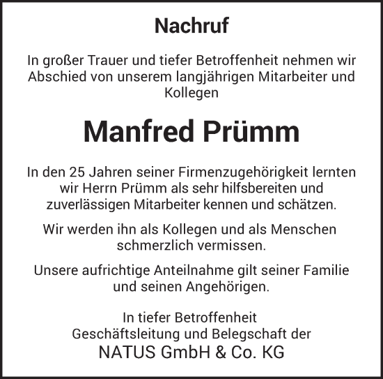 Todesanzeige von Manfred Prümm von trierischer_volksfreund