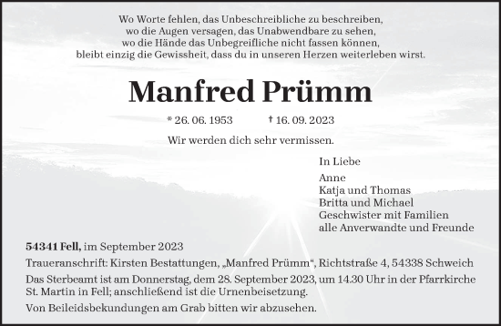 Todesanzeige von Manfred Prümm von trierischer_volksfreund