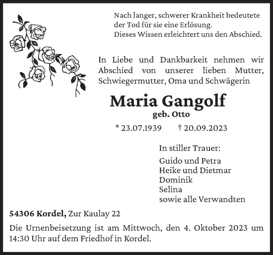Todesanzeige von Maria Gangolf von trierischer_volksfreund