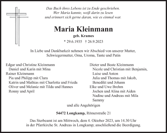 Todesanzeige von Maria Kleinmann von trierischer_volksfreund
