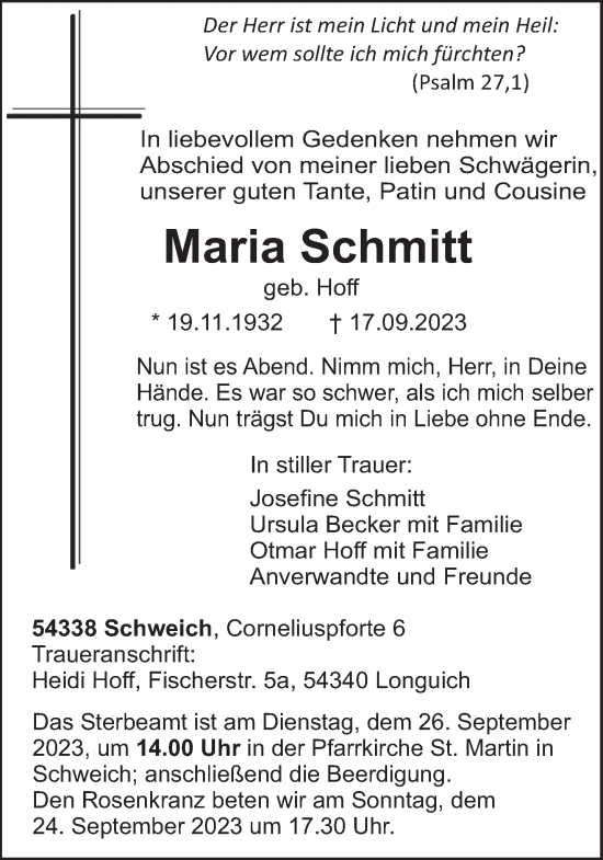 Todesanzeige von Maria Schmitt von trierischer_volksfreund