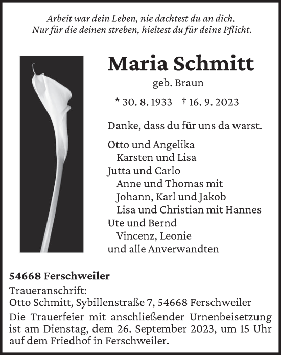 Todesanzeige von Maria Schmitt von trierischer_volksfreund