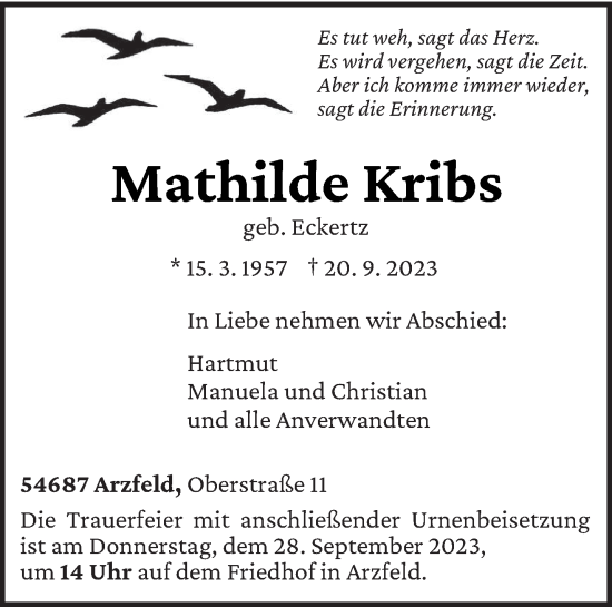 Todesanzeige von Mathilde Kribs von trierischer_volksfreund