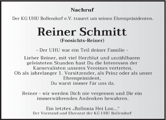 Todesanzeige von Reiner Schmitt von trierischer_volksfreund