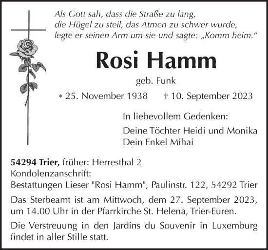 Todesanzeige von Rosi Hamm von trierischer_volksfreund