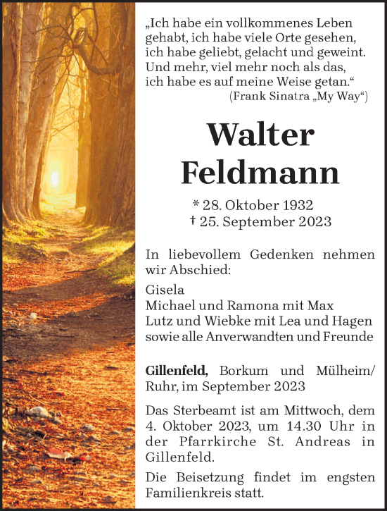 Todesanzeige von Walter Feldmann von trierischer_volksfreund