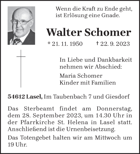 Todesanzeige von Walter Schomer von trierischer_volksfreund