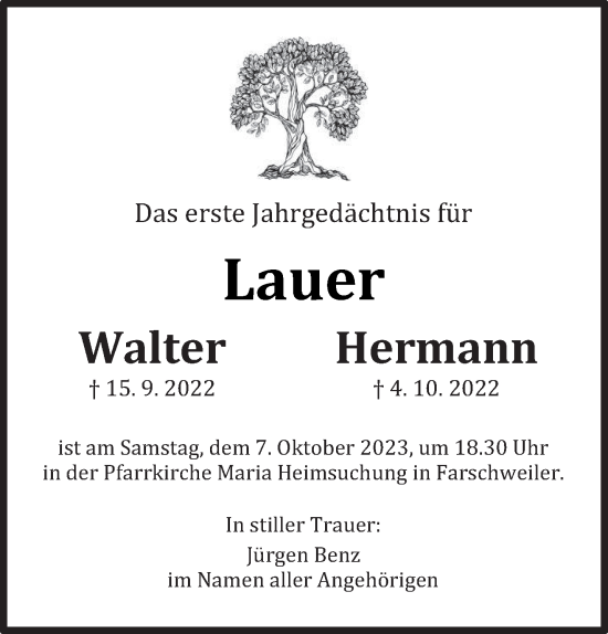Todesanzeige von Walter und Hermann Lauer von trierischer_volksfreund