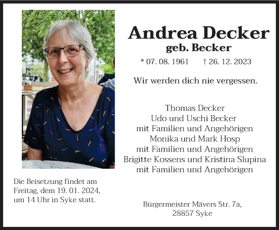 Todesanzeige von Andrea Decker von trierischer_volksfreund