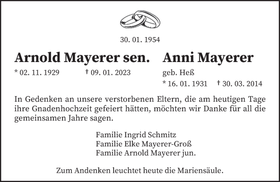 Todesanzeige von Arnold und Anni Mayerer von trierischer_volksfreund
