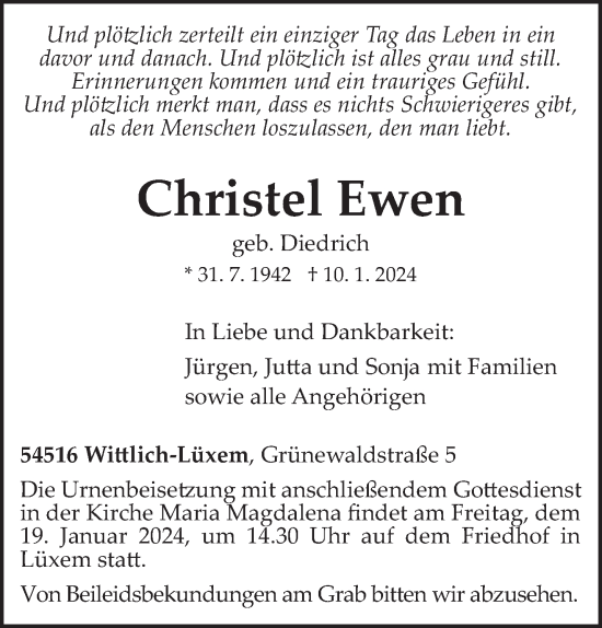 Todesanzeige von Christel Ewen von trierischer_volksfreund