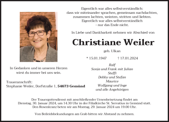 Todesanzeige von Christiane Weiler von trierischer_volksfreund