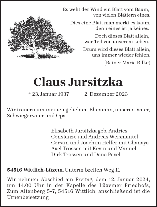 Todesanzeige von Claus Jursitzka von trierischer_volksfreund