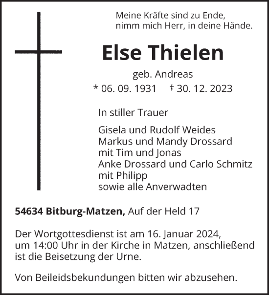 Todesanzeige von Else Thielen von trierischer_volksfreund