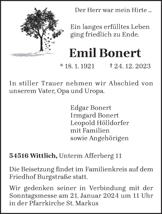 Todesanzeige von Emil Bonert von trierischer_volksfreund