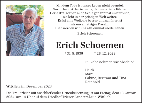 Todesanzeige von Erich Schoemen von trierischer_volksfreund