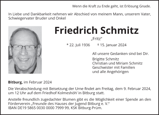 Todesanzeige von Friedrich Schmitz von trierischer_volksfreund