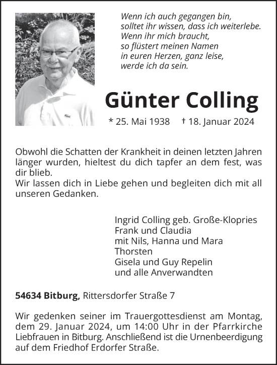 Todesanzeige von Günter Colling von trierischer_volksfreund